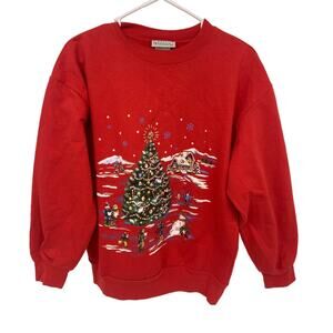 Vintage 90s Winter Wonderland Holiday Christmas Tree Red Sweatshirt  Size L